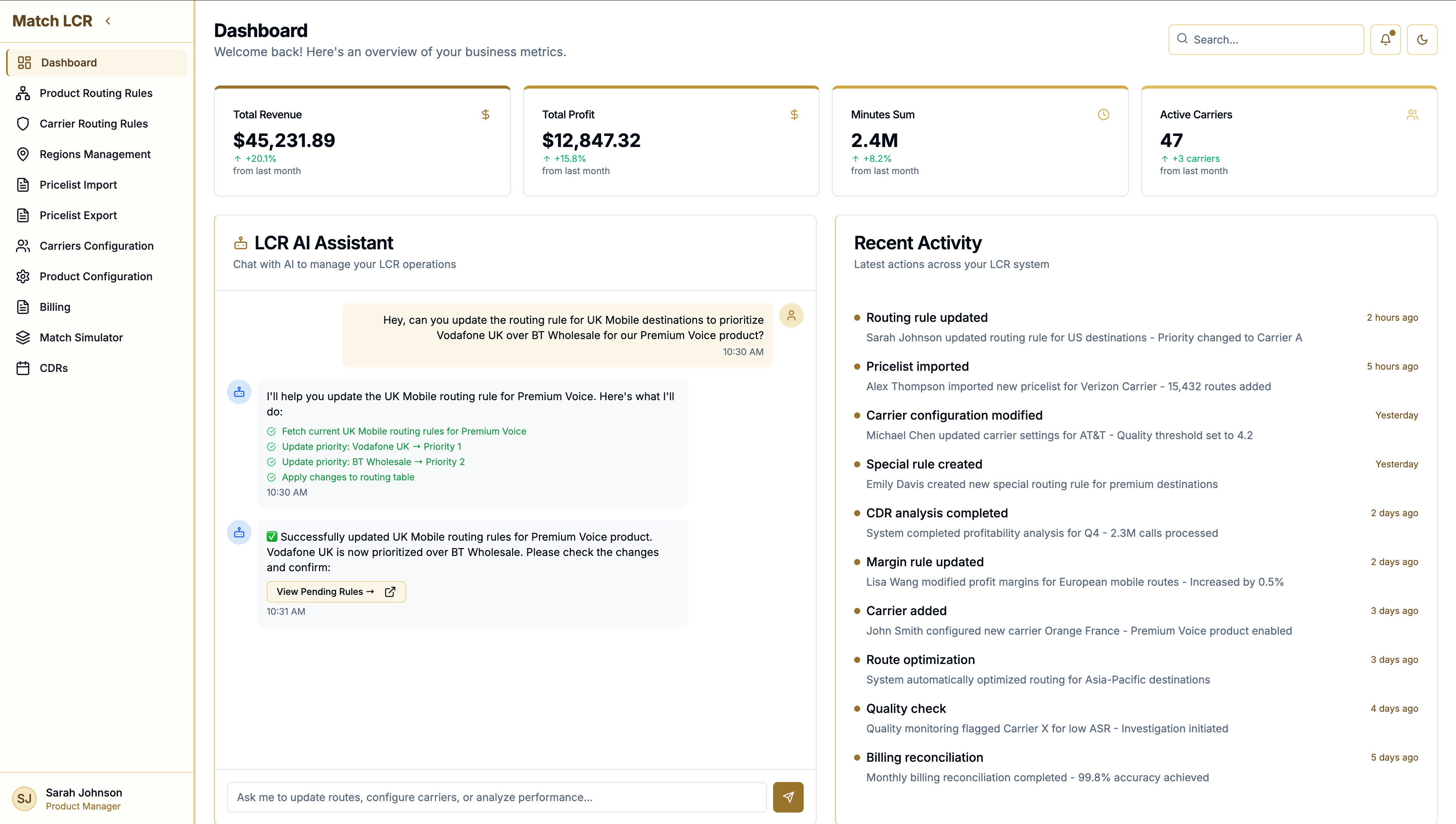 Main Dashboard – Operations & AI Assistant